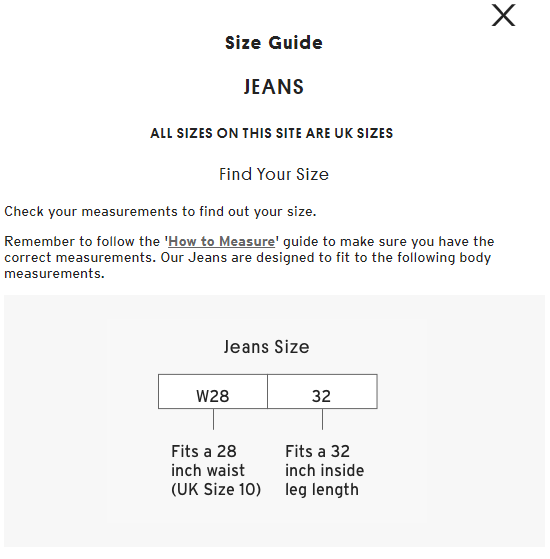topshop jeans size guide